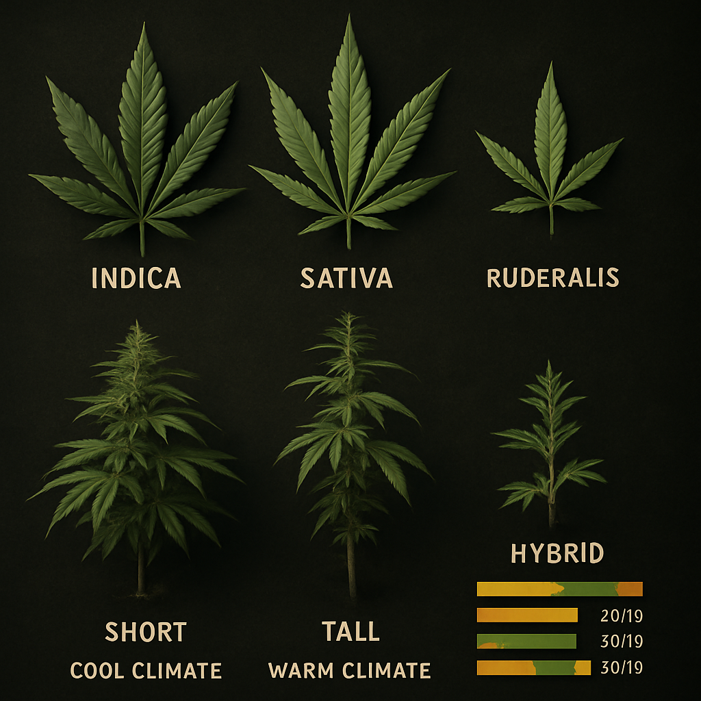 A detailed cannabis leaf illustration chart with sections for Indica, Sativa, Ruderalis, and hybrids,